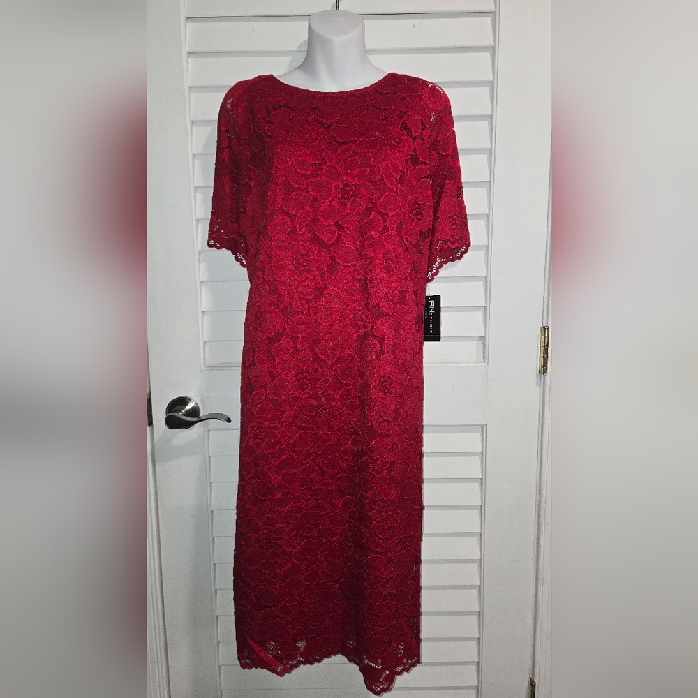 Ronni Nicole Vibrant Red Lace Midi Dress